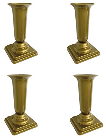 HAC24 4er Set Grabvase Gold Grabschmuck Kunststoff Friedhofsvase mit Sockel Friedhof Blumenvase Grabdekoration Grab Vase Grabsteckvase