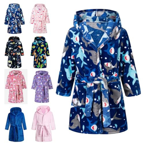 Lodunsyr Kids Bathrobes Toddler Animal Design Robe Boys Girls Shark Bathrobe Flannel Nightgown Children Soft Hooded Sleepwear Unisex Novelty Pajamas 4-5 years/M
