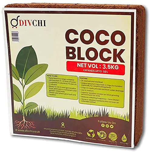 DIVCHI COCO BLOCK 3.5kg | ORGANIC | COCONUT FIBRE | 100% NATURAL | REPTILE FRIENDLY | PLANTING COCO SOIL | PH STABLE GROWING COMPOST I HIGH MOISTURE RETENTION I HEALTHY AERATION