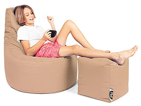 PATCH HOME Patchhome Gamer Cushion Lounge Cushion Bean Bag Armchair Seat Cushion Bean Bag + Cube / Stool with Zip Already Filled (Beige, XXL - Diameter 80 cm Chair + 35 x 35 cm Cube)