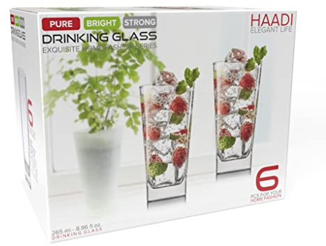 HAADI Drinking Glasses Set of 18 – 265ml Clear Tall Water Tumblers Highball Cocktail Glasses for Wine, Whiskey, Juice, Gin, Cocktails & Everyday Home Bar Use
