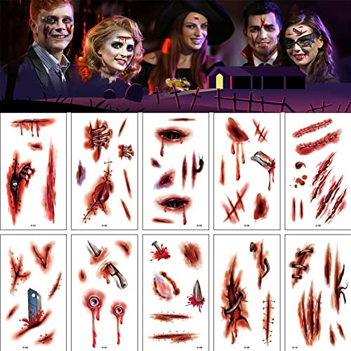20 Blätter Halloween Temporäre Tattoos,Halloween Aufkleber Gesicht Frauen Männer,Narben Tattoo Spinnen Wunden Fake Mund Gefälschten Schorf Blut Realistische Tätowierung Für Halloween Party Zubehör