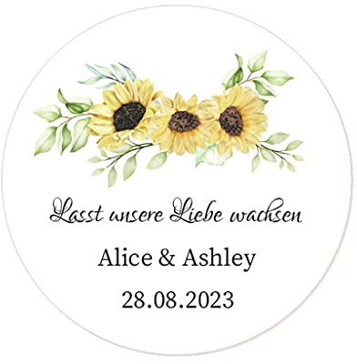 50 STICKERS PERSONALISIERT Hochzeit Aufkleber - Lasst unsere Liebe wachsen 40mm Runde SONNENBLUME Etiketten für die Hochzeit,Taufe,Geburtstag,Konfirmation,Gastgeschenk,Tüten - Rd 049 (003)