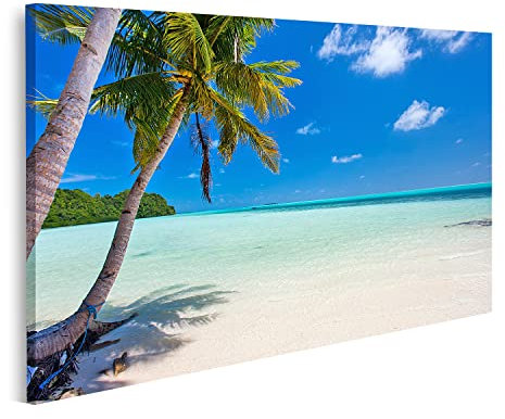 islandburner Bild auf Leinwand Schöne tropische Strand Exotische Insel Pazifik Palmen Weißer Sand Türkis Ozean Wasser Blauer Himmel Palau Wandbild Poster Kunstdruck Bilder 80x40cm