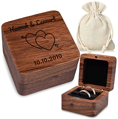 Ringbox Ringkissen Walnussholz mit personalisierter Wunschgravur - Motiv: Herzen mit Pfeil - Schmuck-Etui - schwarzes Kissen - Hochzeitsgeschenk - Jahrestag, Verlobung, Heiratsantrag - present