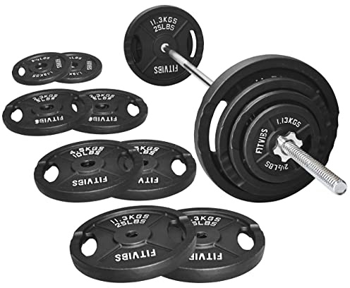 Signature Fitness Piastre di peso standard in ghisa con bilanciere standard da 1,5 m con chiusure a stella, set da 43,1 kg (piatti da 38,6 kg + bilanciere da 4,5 kg), confezioni multiple, stile #2