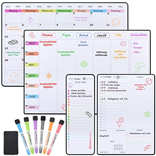 POPRUN Magnetisch Whiteboard Familienplaner Wochenplaner+Monatsplaner+Tagesplaner+To Do Liste abwischbar,Magnettafel für Kühlschrank,Monatskalender,Memoboard,Terminplaner auf Deutsch (4 Stücke)