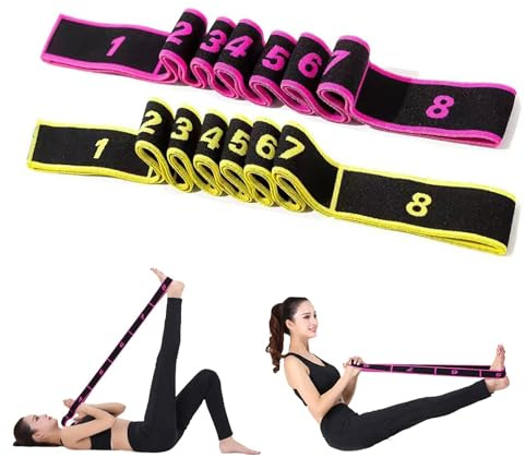 Flyicloud 2 stycken yoga-stretchband, träningsband med 8 rosetter, stretchband för fitness, pilates, dansträning