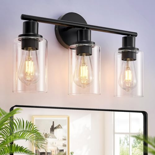DLLT 3-Light Bathroom Light Fixtures: 18.51 Black Modern Vanity Lights with Clear Glass Shade - Bathroom Wall Lamp for Mirror Kitchen Living Room Hallway Cabinet Porch
