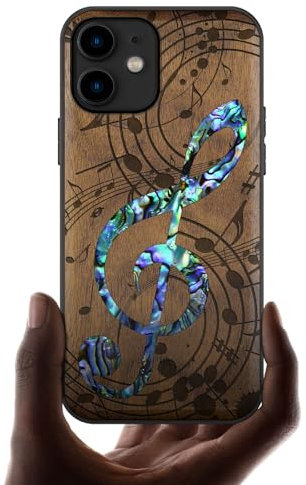 Carveit Étui pour iPhone 11 Coque [Gravure en Bois et Incrustation de Coquille] Cover Compatible avec Apple 11 Luxe et Case Etui Bois (Noyer-Note Musicale)