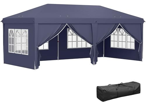 Outsunny Carpa Plegable 6x3x2,7 m Cenador de Jardín Gazebo Plegable con 4 Paneles 4 Ventanas 2 Puertas con Cremallera 1 Bolsa Anti-UV Impermeable para Exterior Terraza Patio Playa Azul