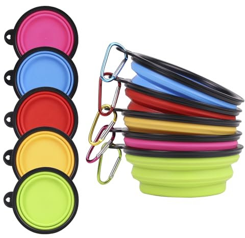 Blusaryme Cuencos plegables para mascotas, paquete de 5 unidades para gatos, perros y exteriores, cuencos portátiles de alimentación para viajar, senderismo, caminar, platos plegables con mosquetón