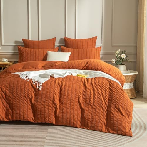Luowei Seersucker Bettwäsche 200x220cm Orange Geprägt Gestreift WendeBettbezüge 3teilig Modern Weich Atmungsaktiv Oeko-TEX Bettwäsche-Sets mit Reißverschluss und 2 Kissenbezüge 80x80 cm
