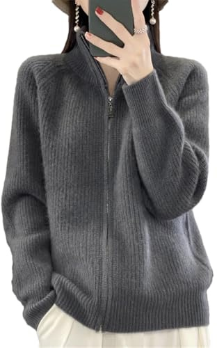 Cardigan da donna in pura lana con cerniera, con colletto rialzato, in cashmere, lavorato a maglia, grigio, S