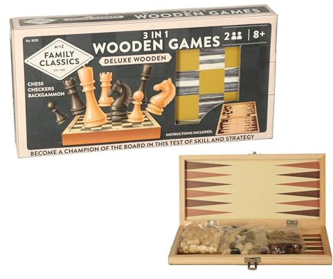 3-in-1 Deluxe Wooden Games Set, Chess Checkers Backgammon, Family Classic Board Games, Ages 8+