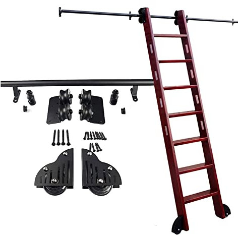 Rollleiter-Hardware-Bibliothek, Schiebeleiter-Hardware-Kit, runde Schiene (ohne Leiter), 3,3 bis 20 Fuß Lange, runde Rohr-Mobilleiterschiene für Zuhause/drinnen/auf dem Dachboden, mit Bodenr
