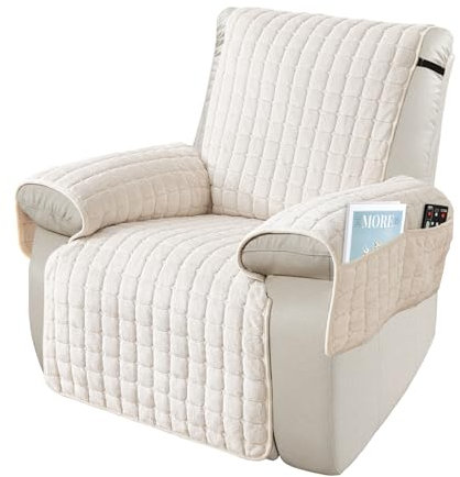 SEMGABO Armchair Cover With Pockets And Elastic Strap, Non Slip Recliner Chaircover, Soft Plush Armchair Slipcover, Dust And Scratch Resistant, Washable (Beige, 1 Seat(53 * 190cm))
