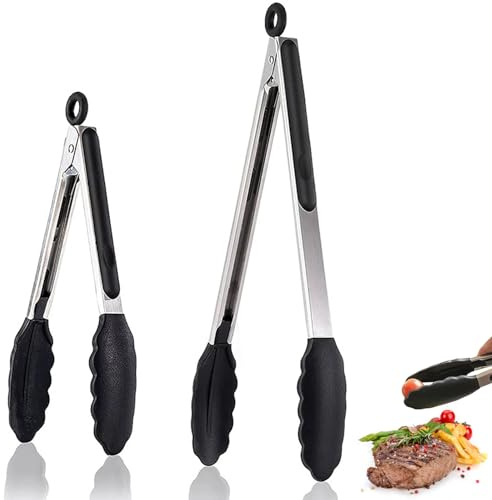 SiHuiTu Kitchen Tongs 9 & 12inch Silicone Tip Silicone Non Stick Tongs for Air Fryer, Steel Tongs with Locking Clip, Heat Resistant, Food Grade, 2pcs, Black, Small