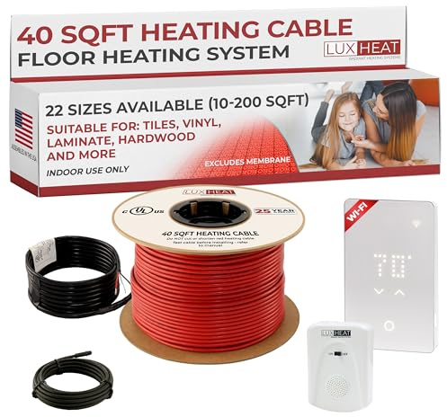 LuxHeat 40sqft Floor Heating Cable Kit - 120v Electric Floor Heating System - Infloor Heat System Includes UWG5 WiFi Programmable Thermostat w/GFCI, Heater Cable, Sensor & Alarm (Excludes Fixings)