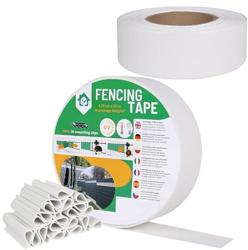 Nastro per recinzione, copertura per recinzione a pannelli, nastro ombreggiante I Schermo privacy in PVC Strisce Resistenti alle Intemperie UV 35 m 450g/m2 + 20 clip di fissaggio (Bianco, 4,75 cm)