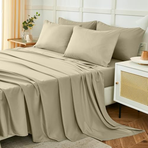 Juego de Sábanas 180x190/200cm 4 Piezas, Poliéster Cepillada,Sábanas Bajera Ajustable, Sabana Encimera Cama y 2 Fundas de Almohada 50x80 (Sabanas Cama 180, Beige)