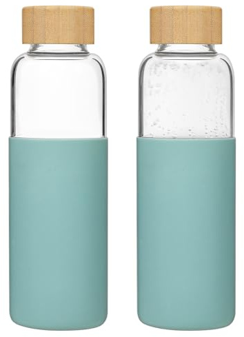 LIMILI Lot de 2 bouteilles d'eau en verre de 500 ml avec couvercles en bambou et couvercles en silicone, anti-fuite, réutilisables, pour boissons chaudes et froides, travail, salle de sport, maison