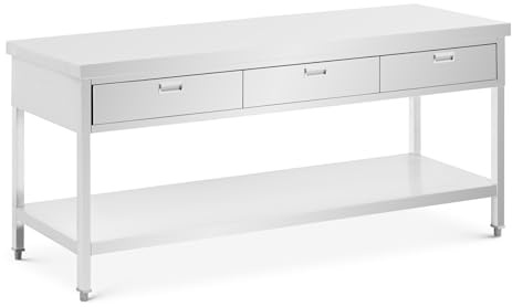 Royal Catering Edelstahl-Arbeitstisch mit 3 Schubladen und Ablage 200 x 60 cm belastbar bis 436 kg Gastro-Arbeitstisch Edelstahltisch