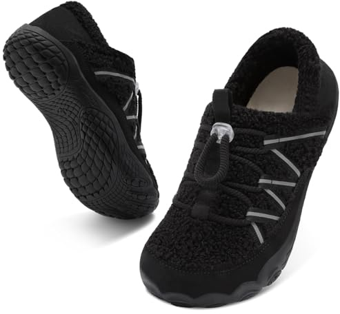 relxfeet Women's Wide Width Slippers Cozy Furry Barefoot House Shoes with Adjustable Fit Non-Slip Indoor Outdoor Slippers for Diabetic Bunion Swollen Feet Friendly (All Black, Size 8)