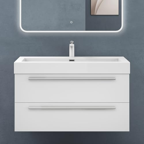 doporro Badmöbel-Set Waschbeckenunterschrank in Matt Weiß 100x48x60cm | Wandhängendes Badmöbel-Set mit Mineralguss-Waschbecken, Soft-Close-Schubladen – pflegeleicht für moderne Bäder Quadratto