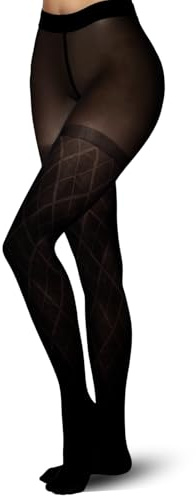 Fiohiros Patterned Tights for Women, 60 Denier Diamond Patterned Tights, Control Top Semi Opaque Black Tights