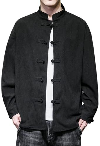 Chaqueta de invierno para hombre chaqueta casual 2024 e invierno nuevos hombres retro camisa china de gran tamaño tendencia pana placa hebilla blusa de manga larga, Negro , 3XL