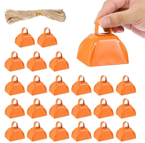PATIKIL 24 Stück Kuhglocken Für Football Spiele 3 Zoll Kuhglocken Für Sportveranstaltungen Bulk Laute Geräuscherzeuger Metall Kuhglocke Mit Seil Zum Jubeln Hochzeit Orange