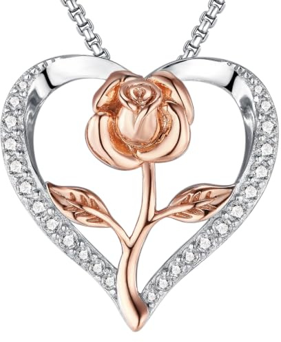 Lyniuoy Collier Femme Pendentif Cœur et Fleur de Rose Bijoux Amour