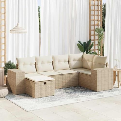 Teenpull 6-TLG. Trädgårdssocka, beige poly-rotting, med kudde och förvaringsutrymme, modulärt trädgårdsmöbelset för utomhusbruk för terrass, balkong och trädgård