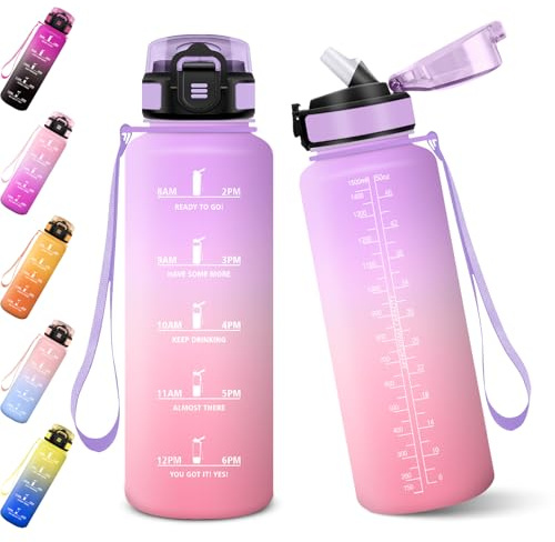 Baramumu Gourde, 1500ML Gourde Paille Adulte, Sans BPA, Bouteille d'eau de Motivation avec Marqueur de Temps, Bouteille Sport pour Salle de Sport, Aire Libre, Yoga - Violet clair&Rose clair