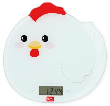Legami - Balance de Cuisine Numérique - Kitchen Scale - Thème Hen,7 unités de mesure,boutons tactiles ON-TARE et UNIT,Max 5 kg