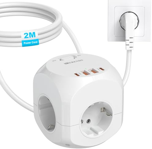 Steckdosenwürfel mit USB C, 4-Fach Steckdosenleiste mit Schaltbar, Mehrfachsteckdose Würfel für Büro Hause Reisen, 2m Kable - Weiß