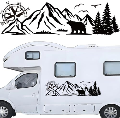 Pwsap Berg Autoaufkleber Bär Wald Auto Kompass Motorhaube Dekoration Aufkleber Vinyl Wasserdicht Aufkleber für SUV Geländewagen Wohnmobil Karosserie Seitentür Kofferraum,Links (100 x 28.5 cm)