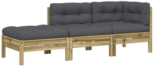 zylophax Gartensofa 3-Sitzer aus kesseldruckimprägniertem Kiefernholz mit Kissen und Hocker, modular erweiterbar, wetterfestes Outdoor Lounge-Sofa für Terrasse Balkon Wintergarten