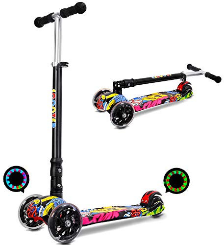 IMMEK Pieghevole Monopattino Graffiti per Bambini da 3 a 12 Anni, Ruote Luminose a LED,Regolabile Altezza 75CM-83CM,Monopattino 3 Ruote, Carico Massimo 50kg