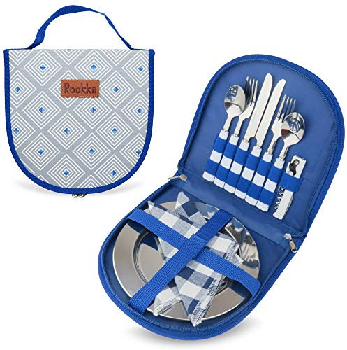 Camping-Besteck-Set für 2 oder tragbares Besteck-Set für 4, 11-TLG. Picknick-Set für 2 oder 23-TLG. Picknick-Set für 4, lebensmittelechte SS-Camping-Teller und SS-Besteck (2 People, Blue)