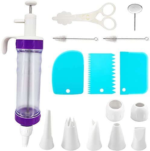 Winbao 15 Pcs Cake Decorating Baking Syringe Tool Kit, Cupcake Filling Injector with Icing Nozzles Cream Scrapers Nozzle Brush Flower Nail Lifter Scissors Pastry Frosting Gun Piping Kit for Cookies