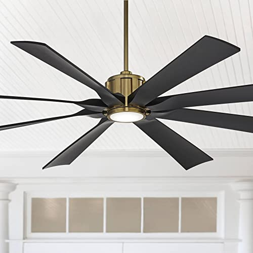 Possini Euro Design 70 Defender Modern Outdoor Ceiling Fan with LED Light Remote Control Soft Brass Matte Black Damp Rated for Patio Exterior House Home Porch Gazebo Garage Barn