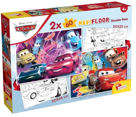 LISCIANI GIOCHI - MaxiFloor Disney Cars - Dubbelsidigt pussel 2x60 bitar - Färgläggnings- och pusselspel - För barn från 4 år - Innehåller 2 stora pussel 50x35 cm - Finmotorik och kreativitet