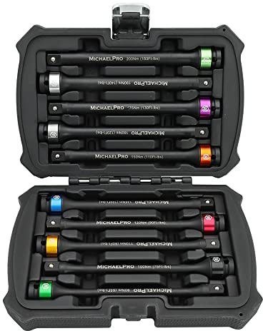 MichaelPro MP001208 10-Piece 1/2-Inch Drive Torque Limiting Extension Bar, 65 to 150 Ft-Lbs (90 to 200 Nm), 8-Inch Length, Heavy Duty Torque Applications