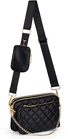 UTO Kleine Umhängetasche Damen 3 in 1 Crossbody Bag Damen Breiter Gurt mit Münzbeutel Handtasche Abnehmbare Kette Schultertasche mit Abnehmbarer Verstellbarer Schultergurt Rhombische Gesteppte Schwarz