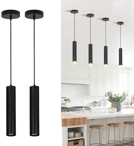IBalody Modern Black Pendant Lights 2 Pack, LED Minimalist Pendant Lighting Fixture for Kitchen Island, Long Tube Hanging Light Cord Adjustable for Living Room Bedroom Dining Room Bar