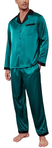 Ekouaer Men's Silk Pajama Set Long Satin Loungewear 2 Piece Pjs Classic Button Down Sleepwear Blue Green