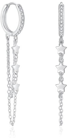 Josfeva Silber Creolen Ohrringe Hängend, 925 Sterling Silber Huggie Kreolen Ohrringe für Damen Frauen, Hypoallergen Hängeohrringe mit Zwei Lange Quaste Kette, Tropfen Baumeln Ohrhänger mit Geschenkbox
