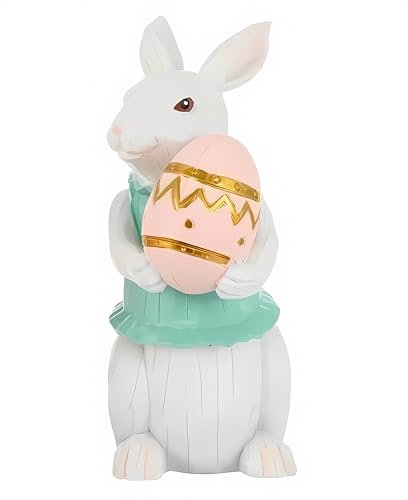 Noeepin Osterhasen-Dekoration, weißes Harz, Kaninchen, Frühling, Heimdekoration, Osterhasen-Figuren, Tischdekoration, Hase mit Ei